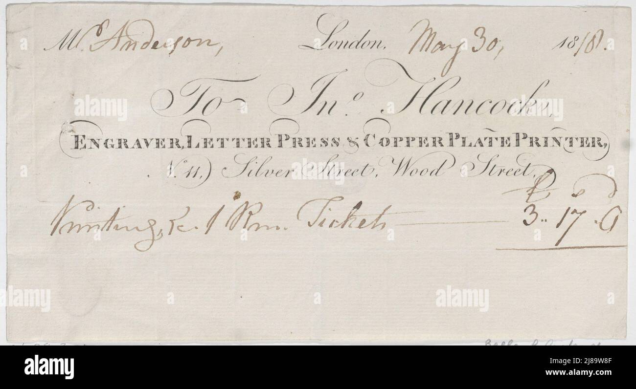 Tauschkarte für John Hancock, Graviermaschine, Letter Press &amp; Kupferplattendrucker, 1818. Stockfoto
