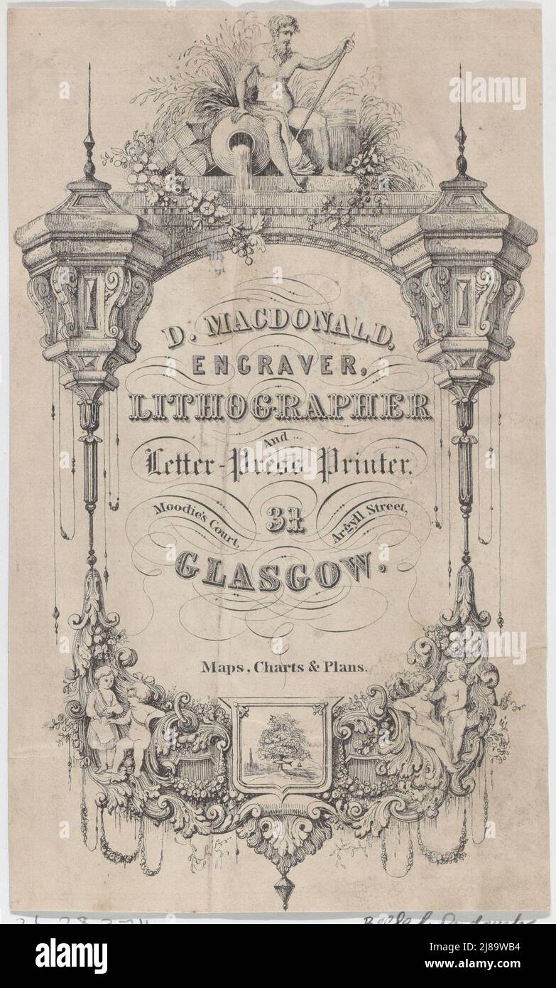 Tauschkarte für D. MacDonald, Kupferstecher, Lithograph & Letter Press Printer, Ende 18.-Anfang 19. Jahrhundert. Stockfoto
