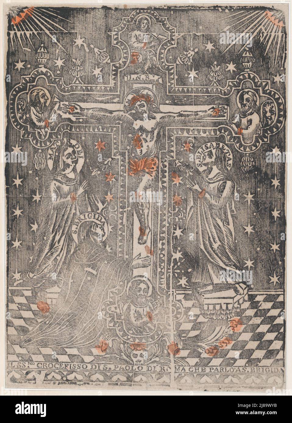Christus am Kreuz, flankiert von der Jungfrau, der heiligen Brigit und der heiligen Elisabeth, ca. 1480-1500 (Wiederangriff?). Stockfoto