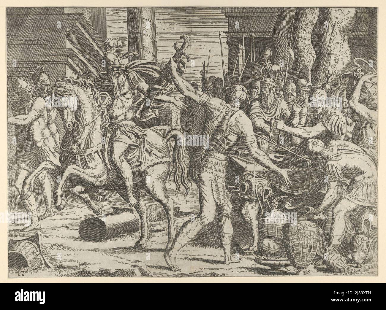 Brennus warf sein Schwert auf die Waage vor Camillus, 1540-56. Stockfoto