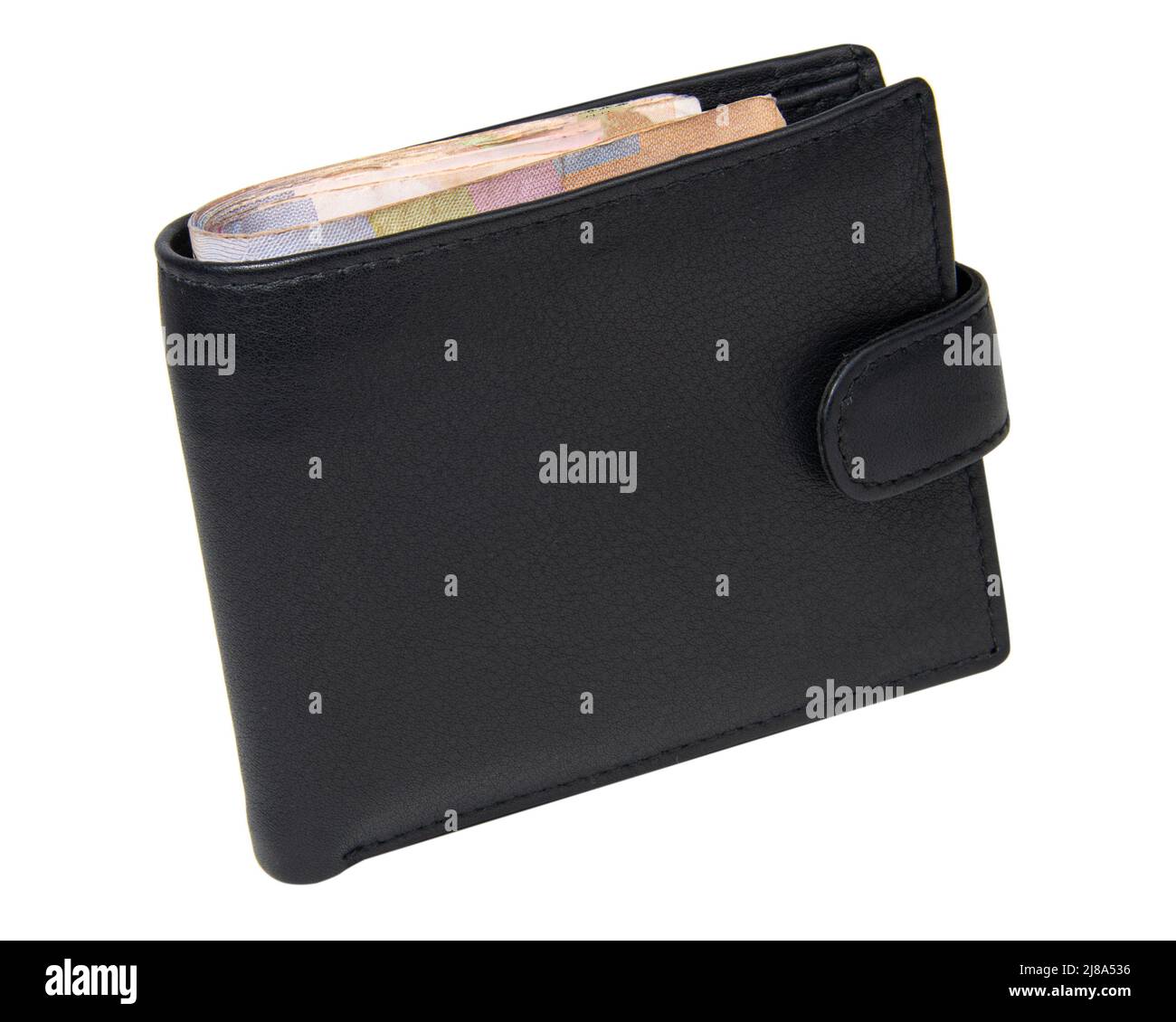 Schwarze Leder-Geldbörse mit isoliertem Geld auf weißem Hintergrund Stockfoto