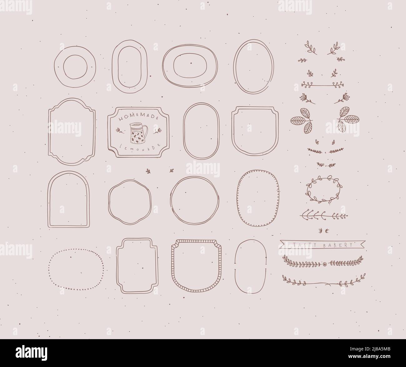 Set von Rahmen und Dekorelementen in handgefertigter Grafik primitive Casual Stil auf Pfirsich Hintergrund. Stock Vektor