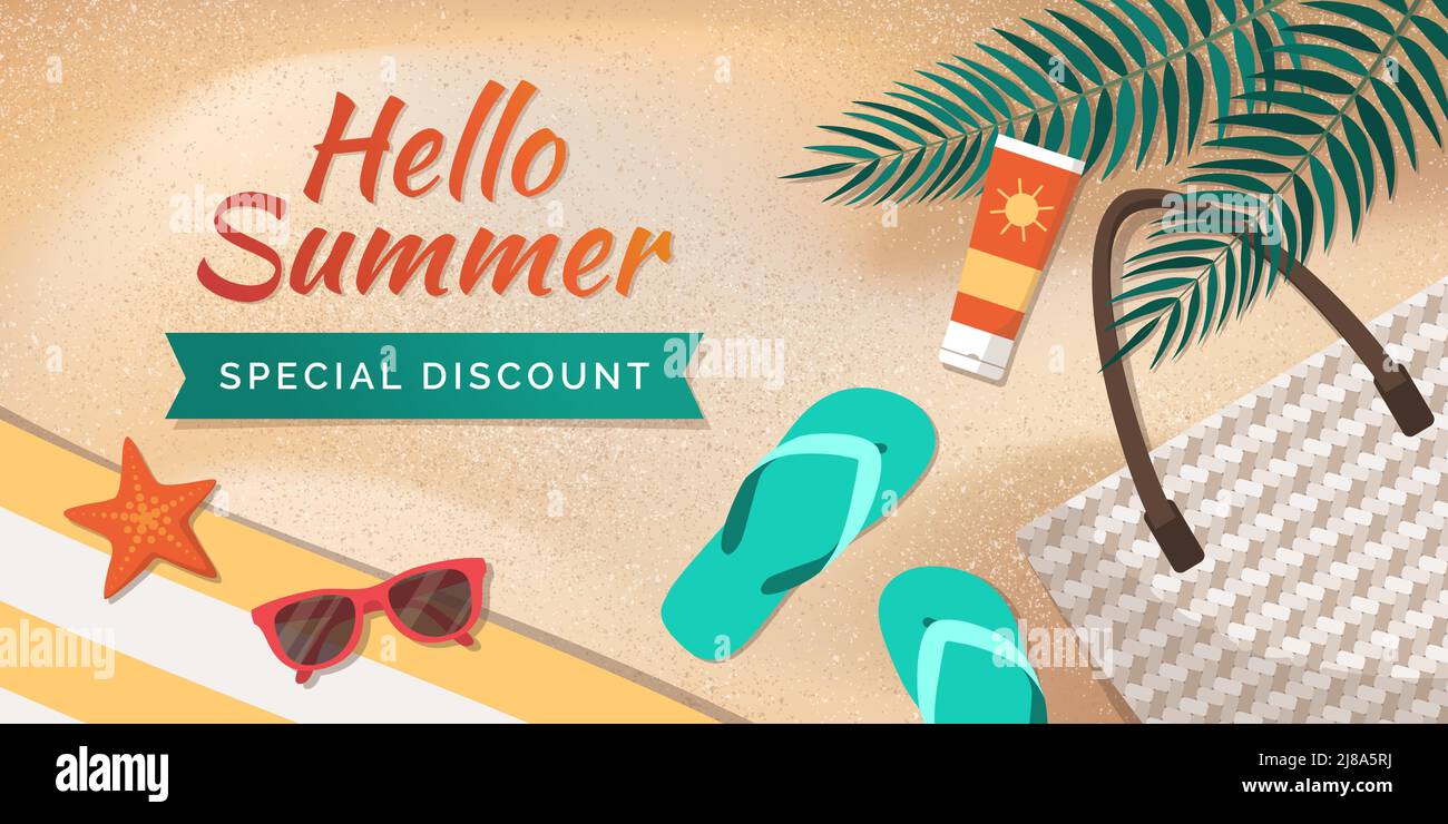Hallo Sommer Werbebanner, Strand mit Accessoires und Palmblättern, Draufsicht Stock Vektor