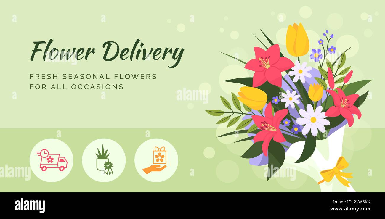 Blumenversand für besondere Anlässe, Werbebanner mit schönem Blumenstrauß und Icons Set Stock Vektor