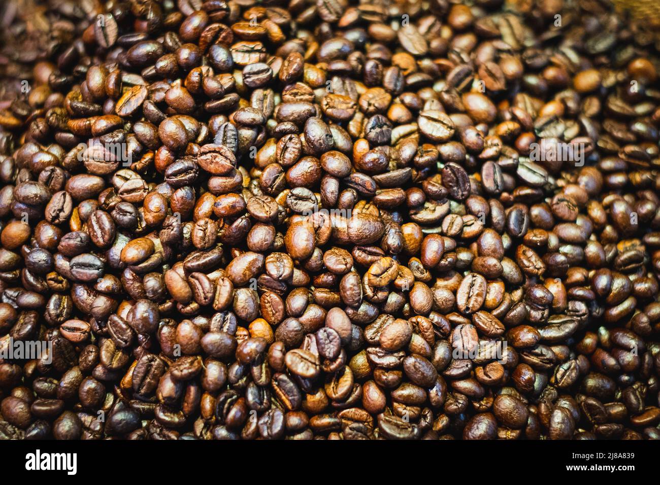 Kaffee Hintergrund, Kaffeebohnen Makro, Stockfoto