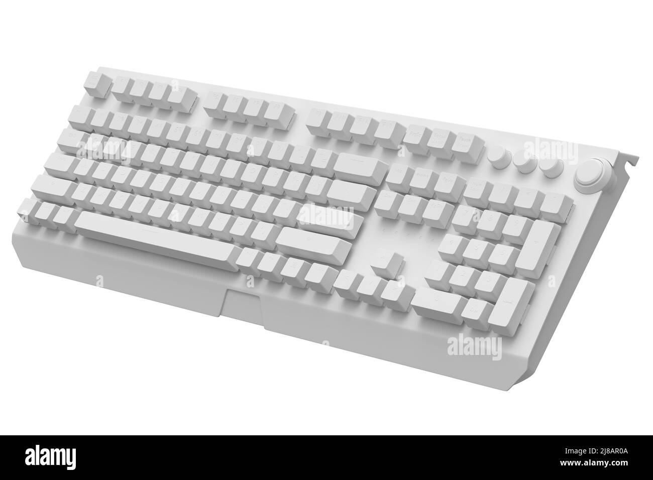 Computertastatur mit rgb-Farben, isoliert auf weißem monochromen Hintergrund. 3D Rendern von Streaming-Ausrüstung und Gamer-Workspace-Konzept Stockfoto