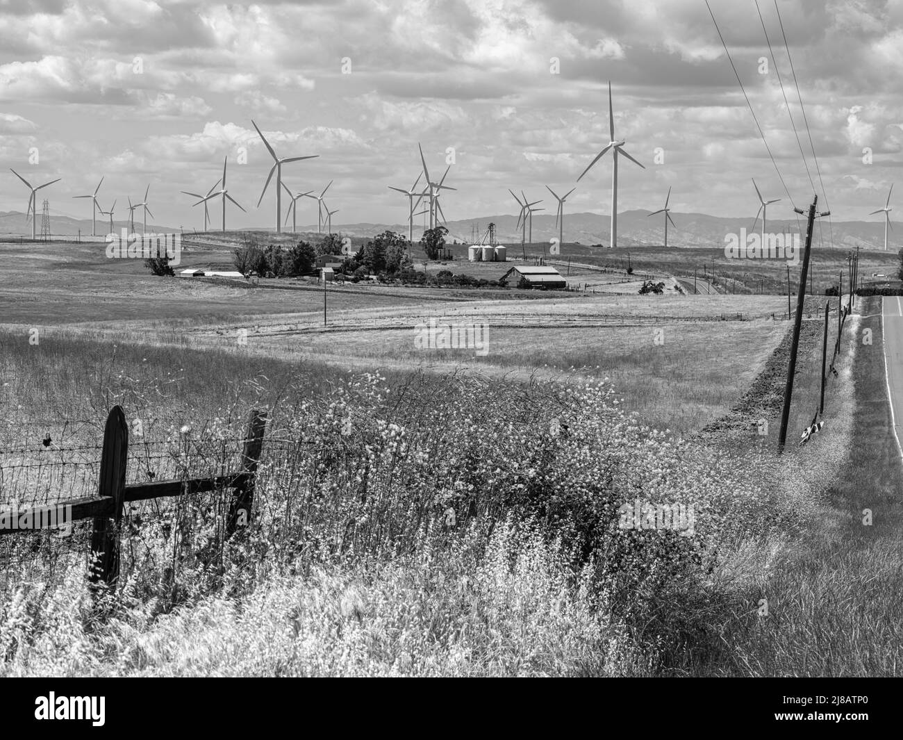 Eine schwarz-weiße Landschaft. Dies ist das Windkraftwerk Shiloh in Montezuma Hills, Solano County, Kalifornien. Stockfoto