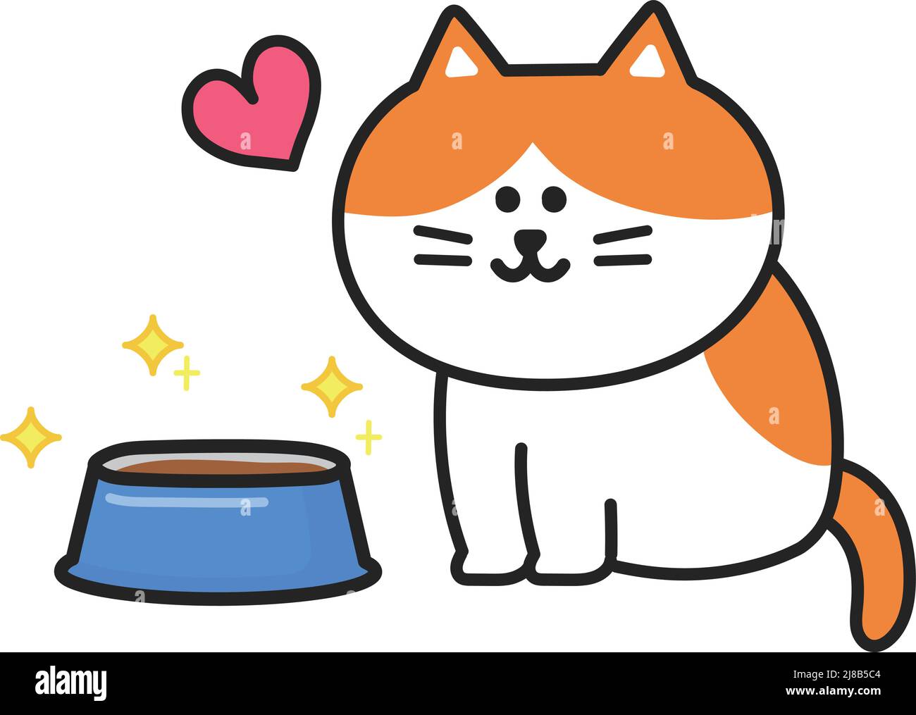 Orange Tabby Katze freute sich, köstliches Essen in der Schüssel zu sehen, Vektor-Illustration. Stock Vektor