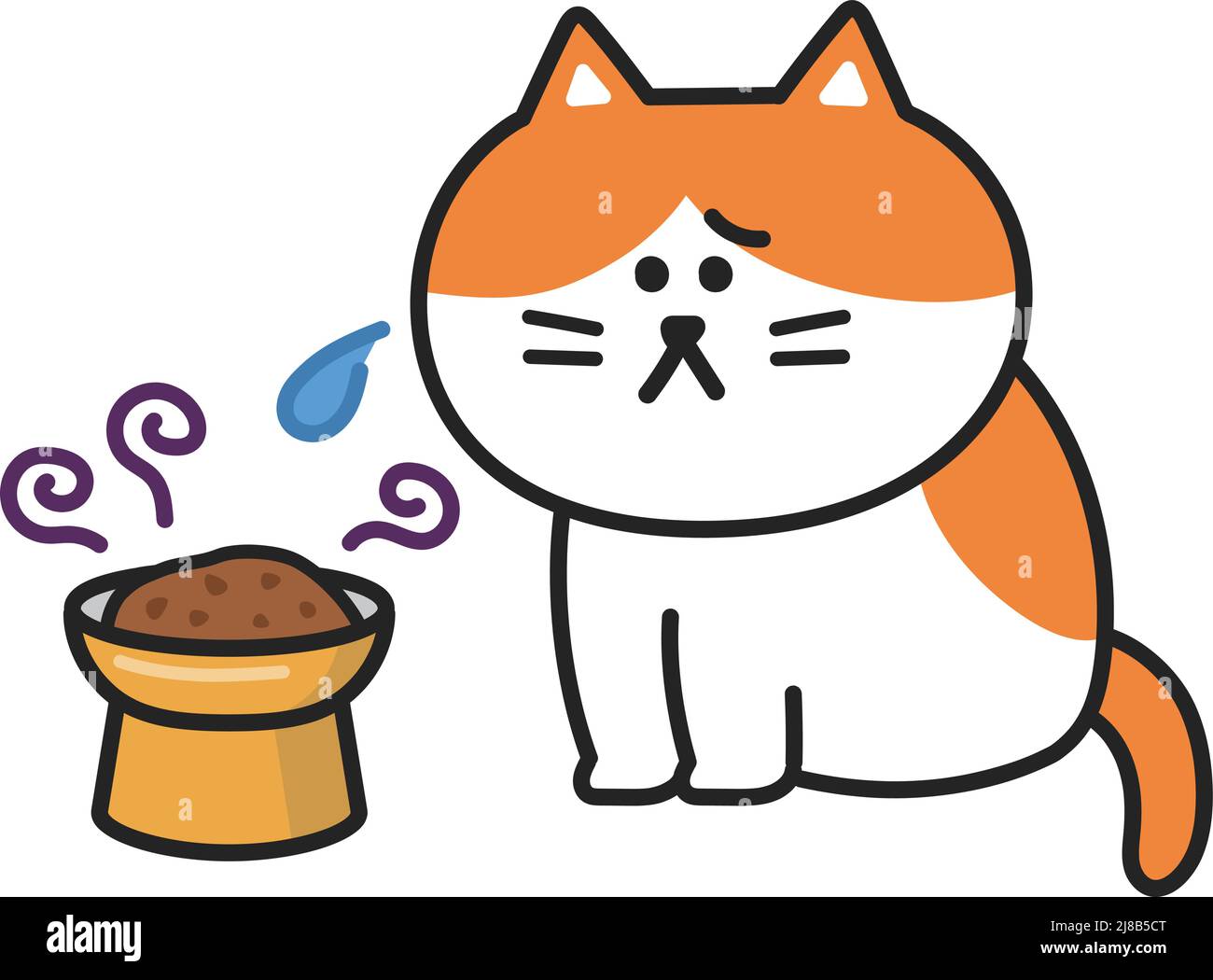Eine Katze kann kein abgelaufenes Futter in der erhöhten Katzenschale essen. Vektorillustration auf weißem Hintergrund isoliert. Stock Vektor