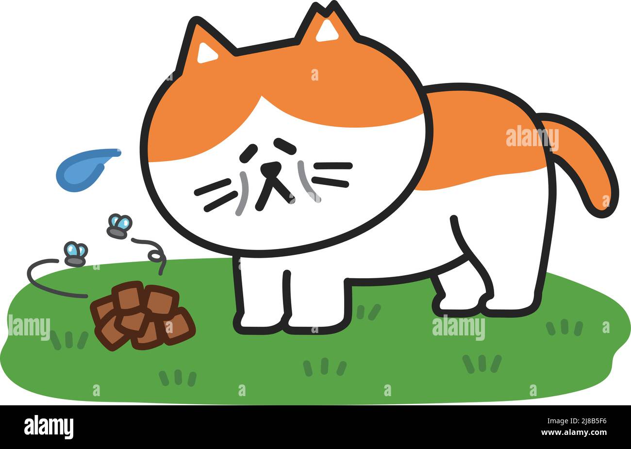Die streunende Katze missfällt das restliche Futter auf dem Gras. Vektordarstellung auf weißem Hintergrund isoliert. Stock Vektor