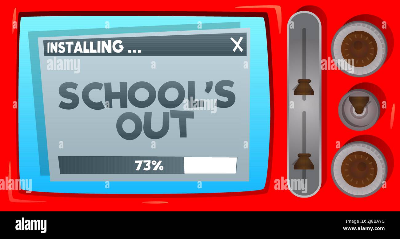 Cartoon Computer mit dem Wort Schule ist aus. Meldung eines Bildschirms mit einem Installationsfenster. Stock Vektor