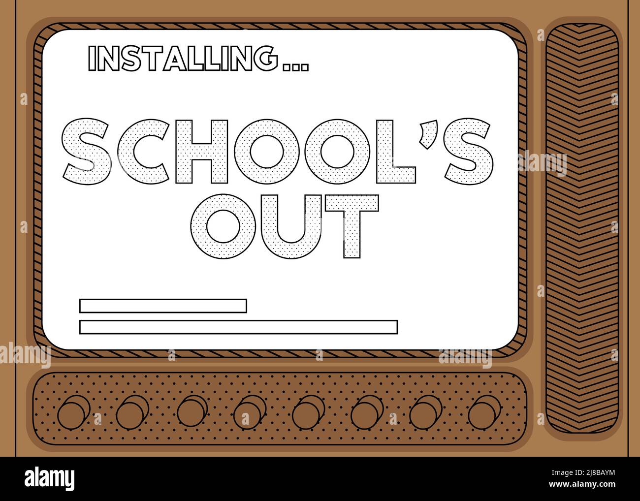 Cartoon Computer mit dem Wort Schule ist aus. Meldung eines Bildschirms mit einem Installationsfenster. Stock Vektor