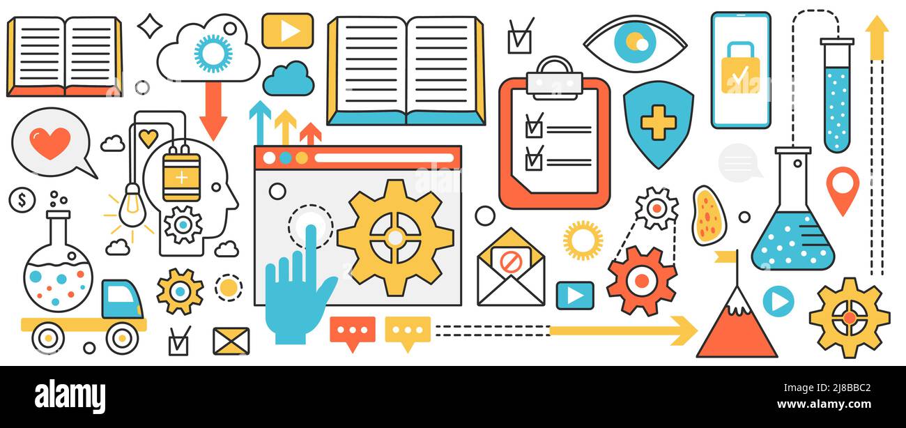 Moderne wissenschaftliche Forschungsmethoden. Abstrakte digitale Datenanalyse, Modellentwicklung und Algorithmuslernen, Laborgeräte und Röhrchen in Infografik-Konzept-Banner, Thin Line Art Design Stock Vektor
