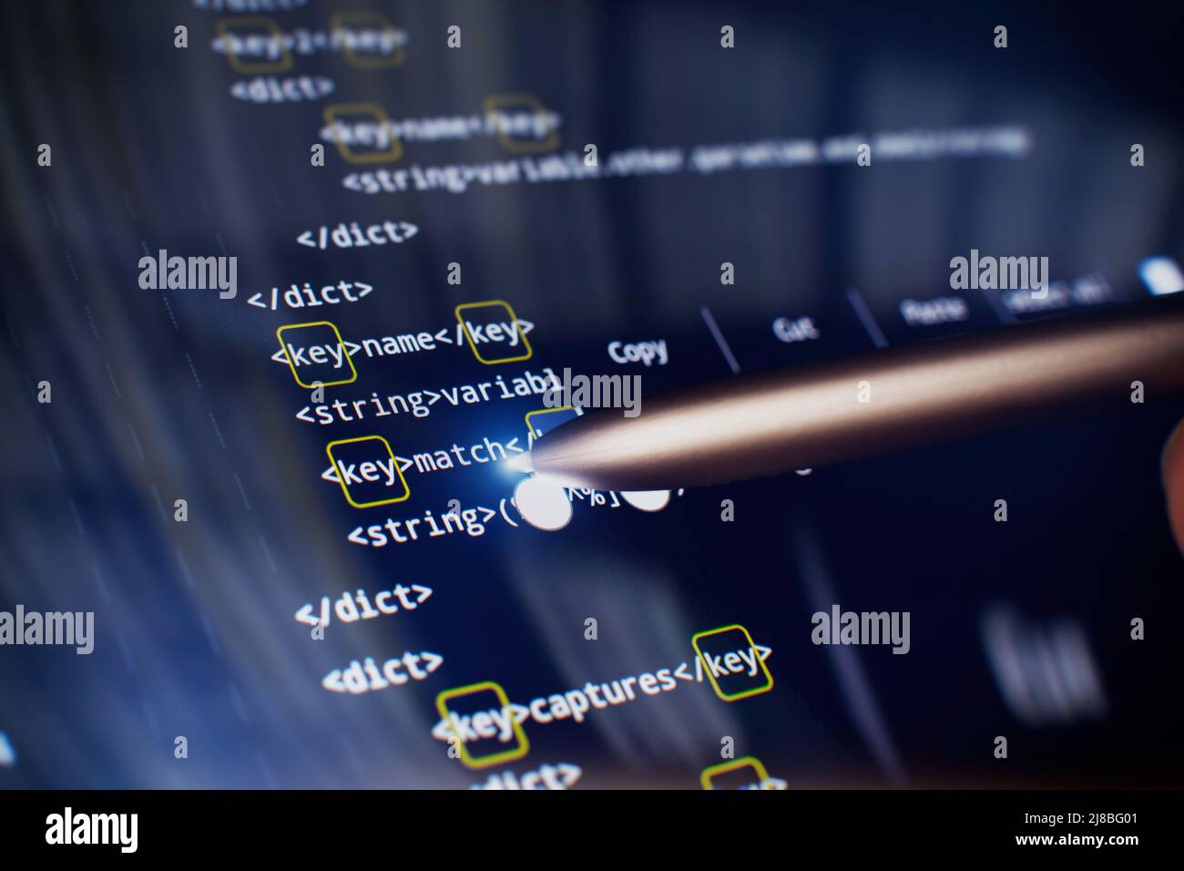 Programmiercode für Softwareentwickler. Abstrakter Computer-Skriptcode. Codetext, der vollständig von mir selbst geschrieben und erstellt wurde. Stockfoto