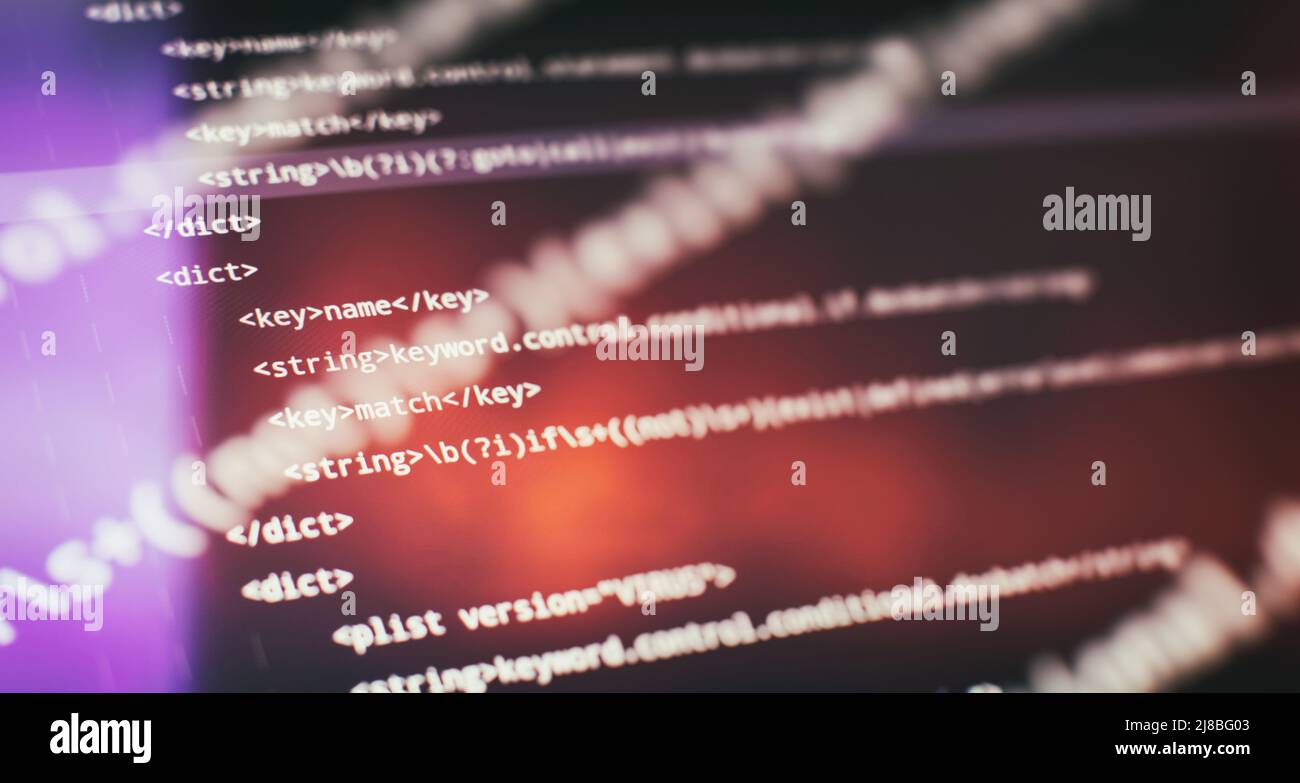 Abstrakter Computer-Skriptcode. Programmiercode-Bildschirm des Software-Entwicklers. Software Programmierung Arbeitszeit. Stockfoto