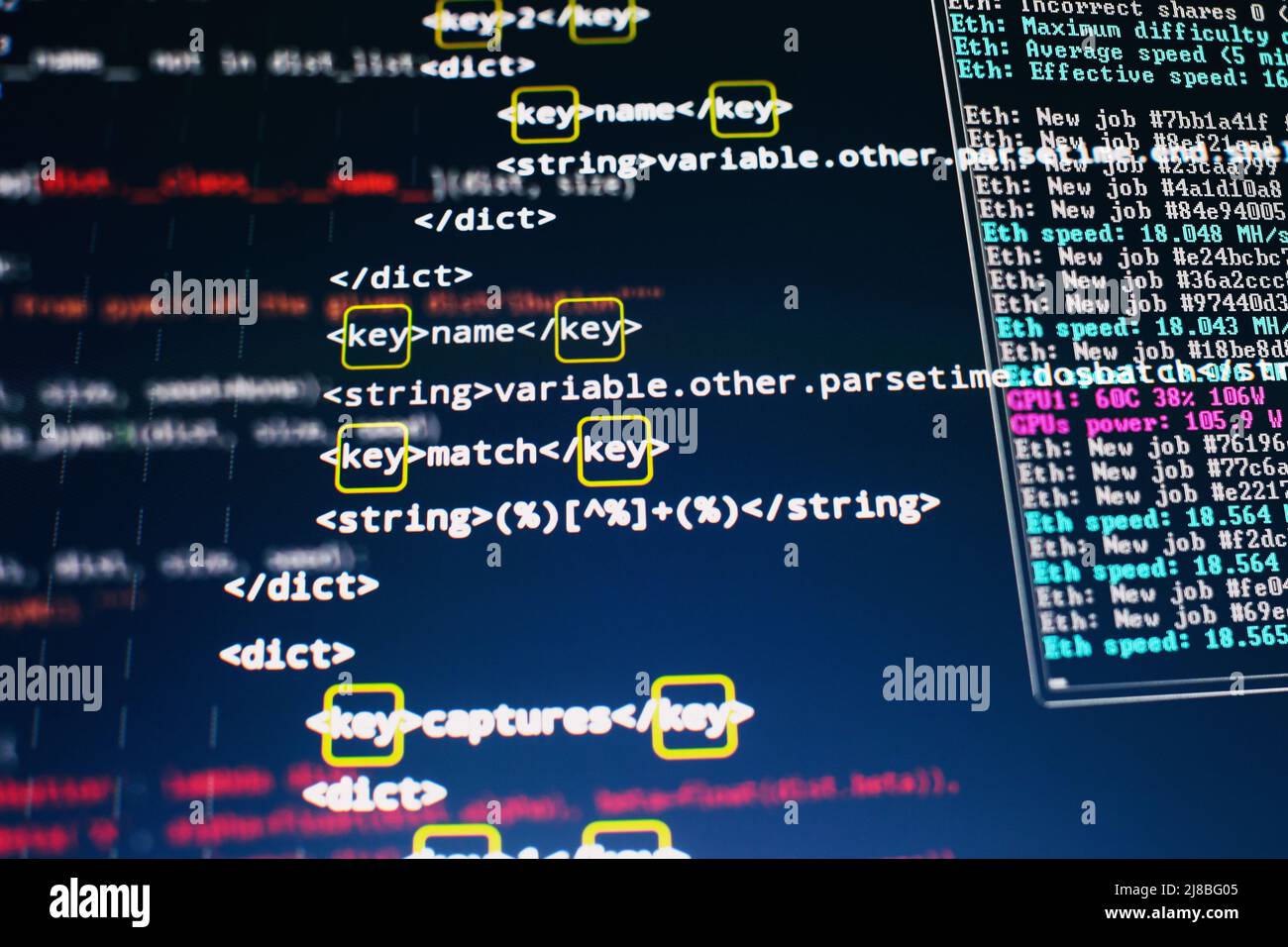Programmiercode für Softwareentwickler. Abstrakter Computer-Skriptcode. Codetext, der vollständig von mir selbst geschrieben und erstellt wurde. Stockfoto
