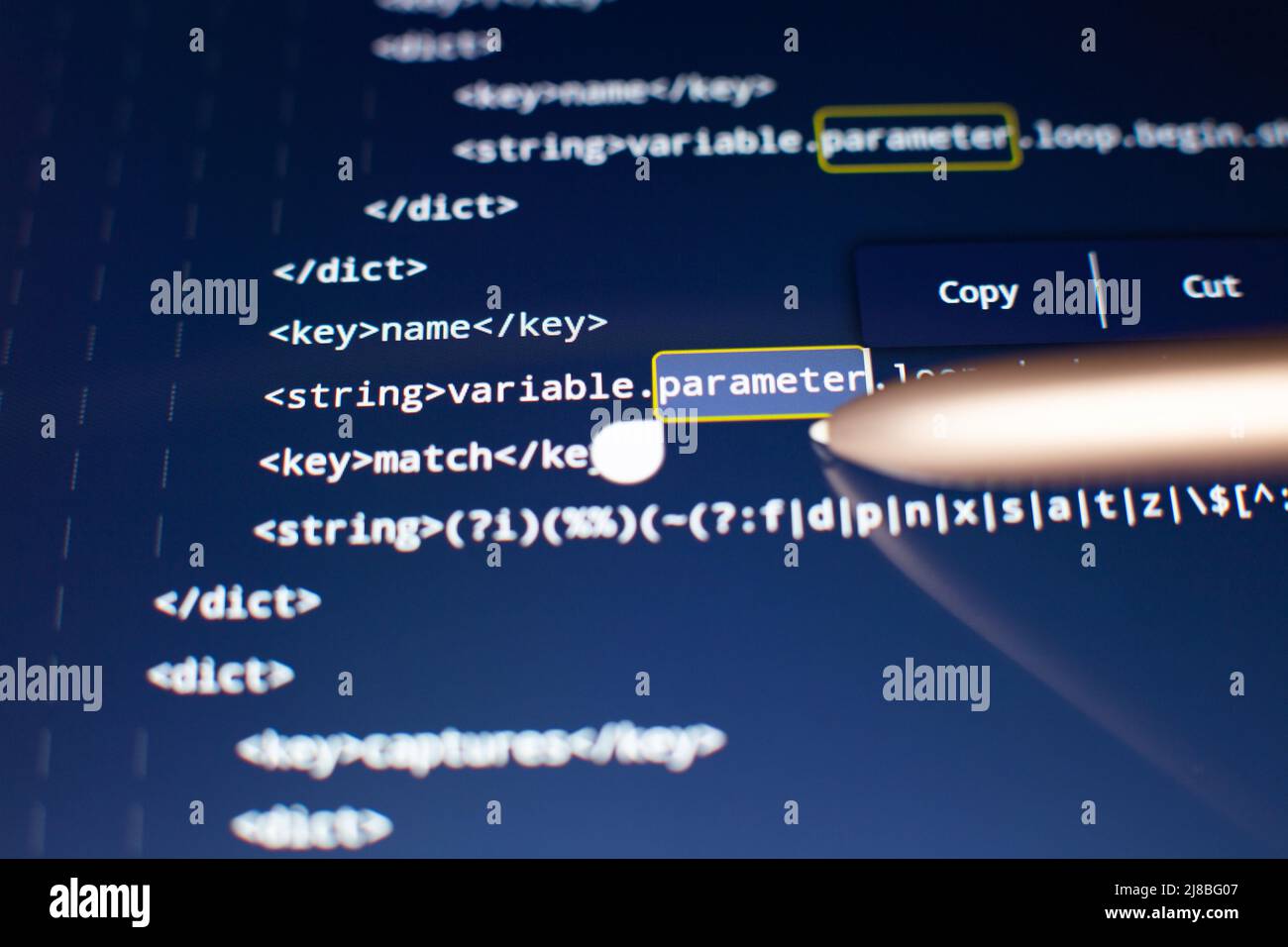 Programmiercode für Softwareentwickler. Abstrakter Computer-Skriptcode. Codetext, der vollständig von mir selbst geschrieben und erstellt wurde. Stockfoto