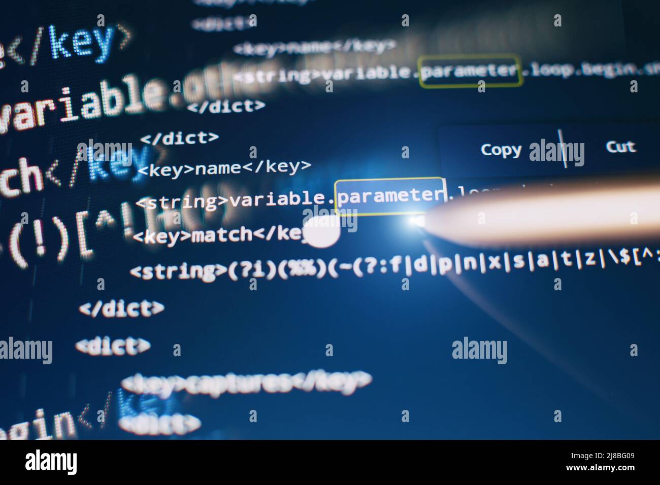 Programmiercode für Softwareentwickler. Abstrakter Computer-Skriptcode. Codetext, der vollständig von mir selbst geschrieben und erstellt wurde. Stockfoto