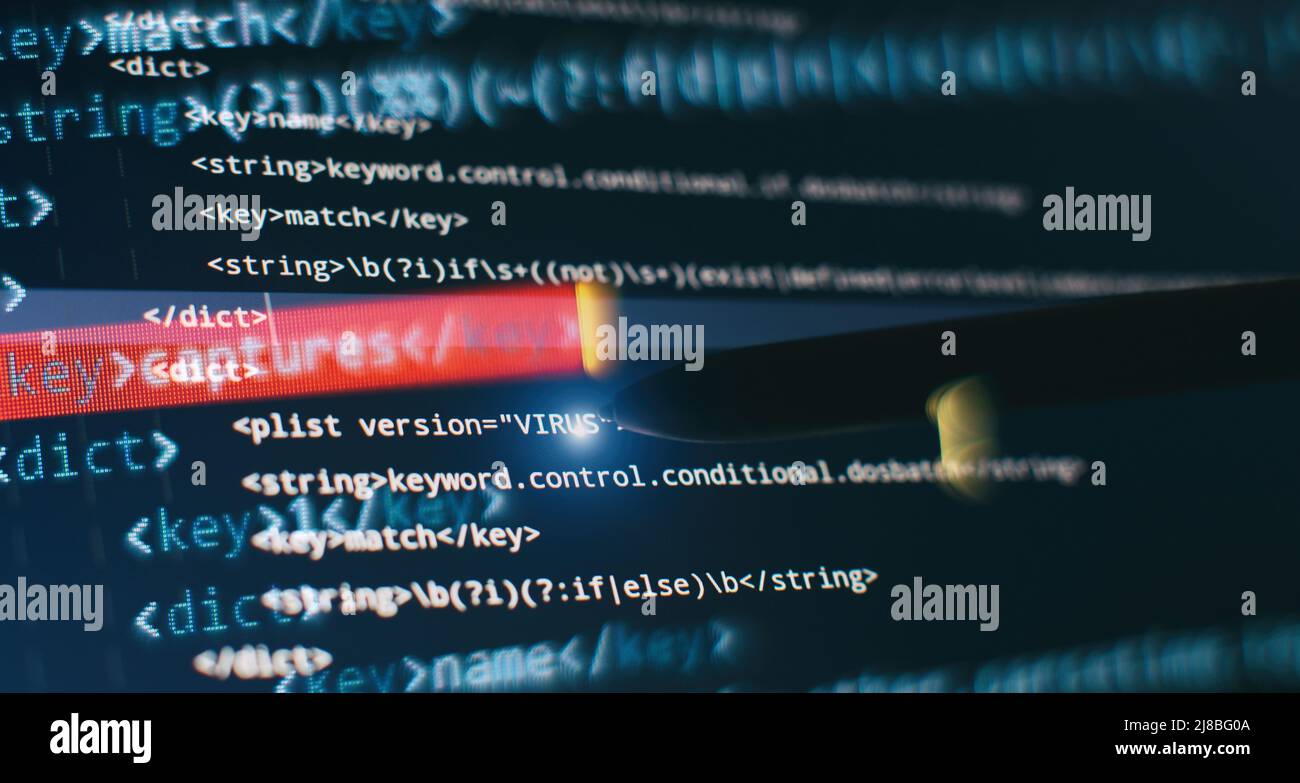 Abstrakter Computer-Skriptcode. Programmiercode-Bildschirm des Software-Entwicklers. Software Programmierung Arbeitszeit. Stockfoto