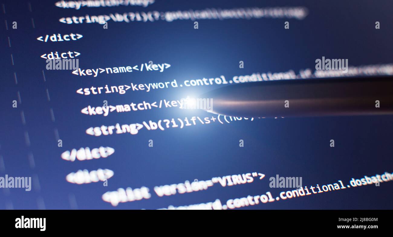 Abstrakter Computer-Skriptcode. Programmiercode-Bildschirm des Software-Entwicklers. Software Programmierung Arbeitszeit. Stockfoto
