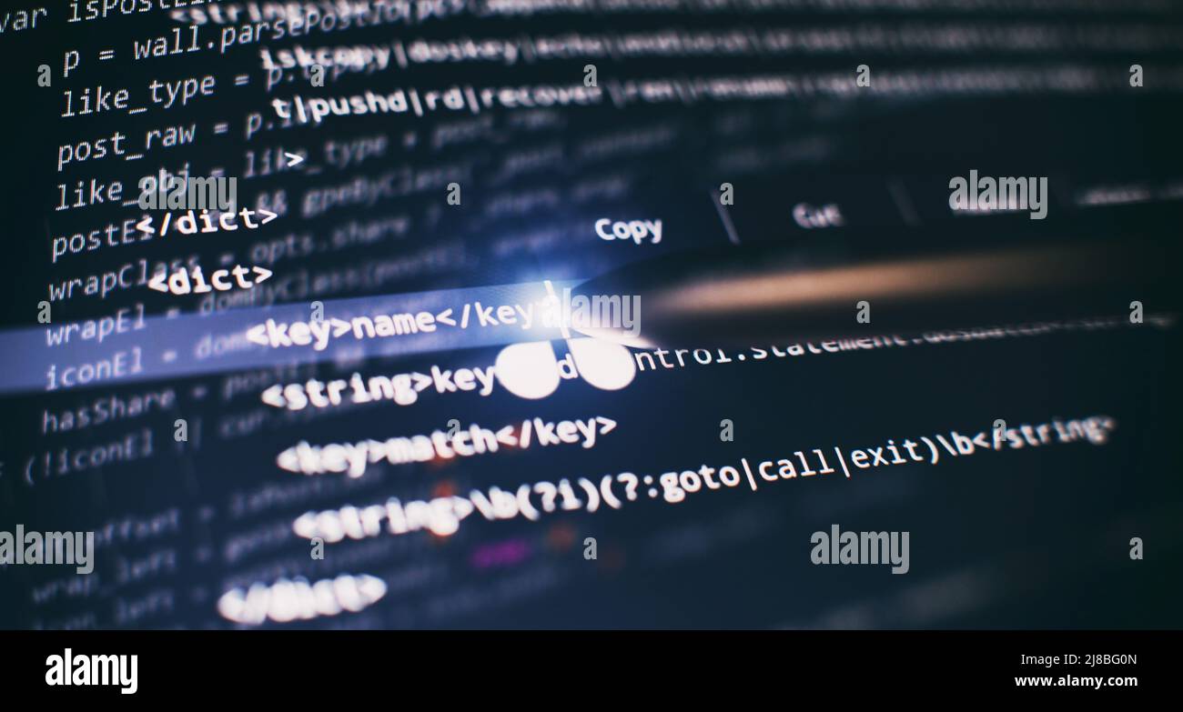 Abstrakter Computer-Skriptcode. Programmiercode-Bildschirm des Software-Entwicklers. Software Programmierung Arbeitszeit. Stockfoto