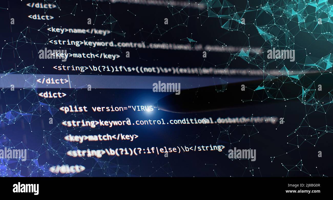 Abstrakter Computer-Skriptcode. Programmiercode-Bildschirm des Software-Entwicklers. Software Programmierung Arbeitszeit. Stockfoto
