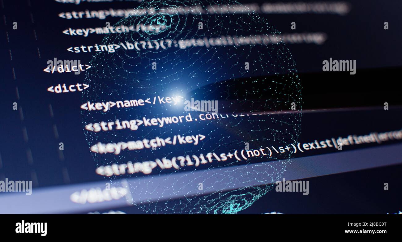 Abstrakter Computer-Skriptcode. Programmiercode-Bildschirm des Software-Entwicklers. Software Programmierung Arbeitszeit. Stockfoto