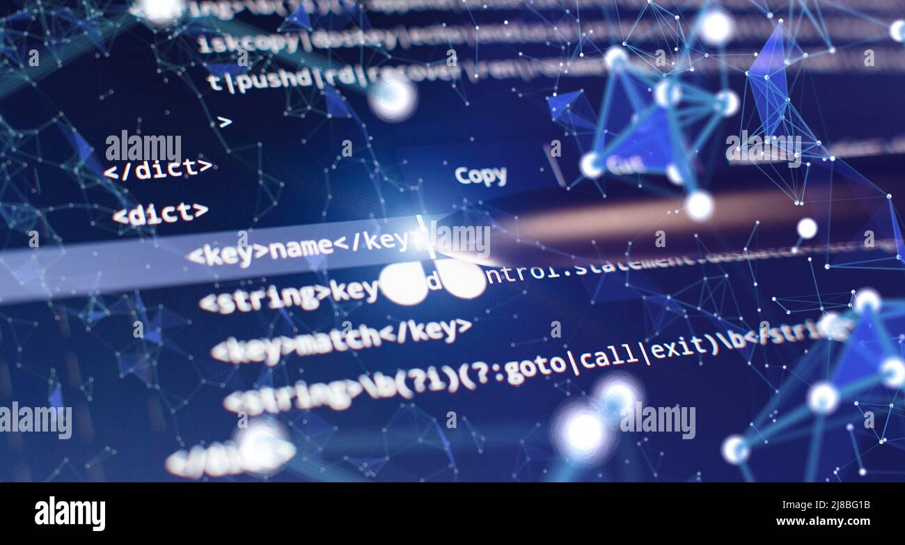Abstrakter Computer-Skriptcode. Programmiercode-Bildschirm des Software-Entwicklers. Software Programmierung Arbeitszeit. Stockfoto