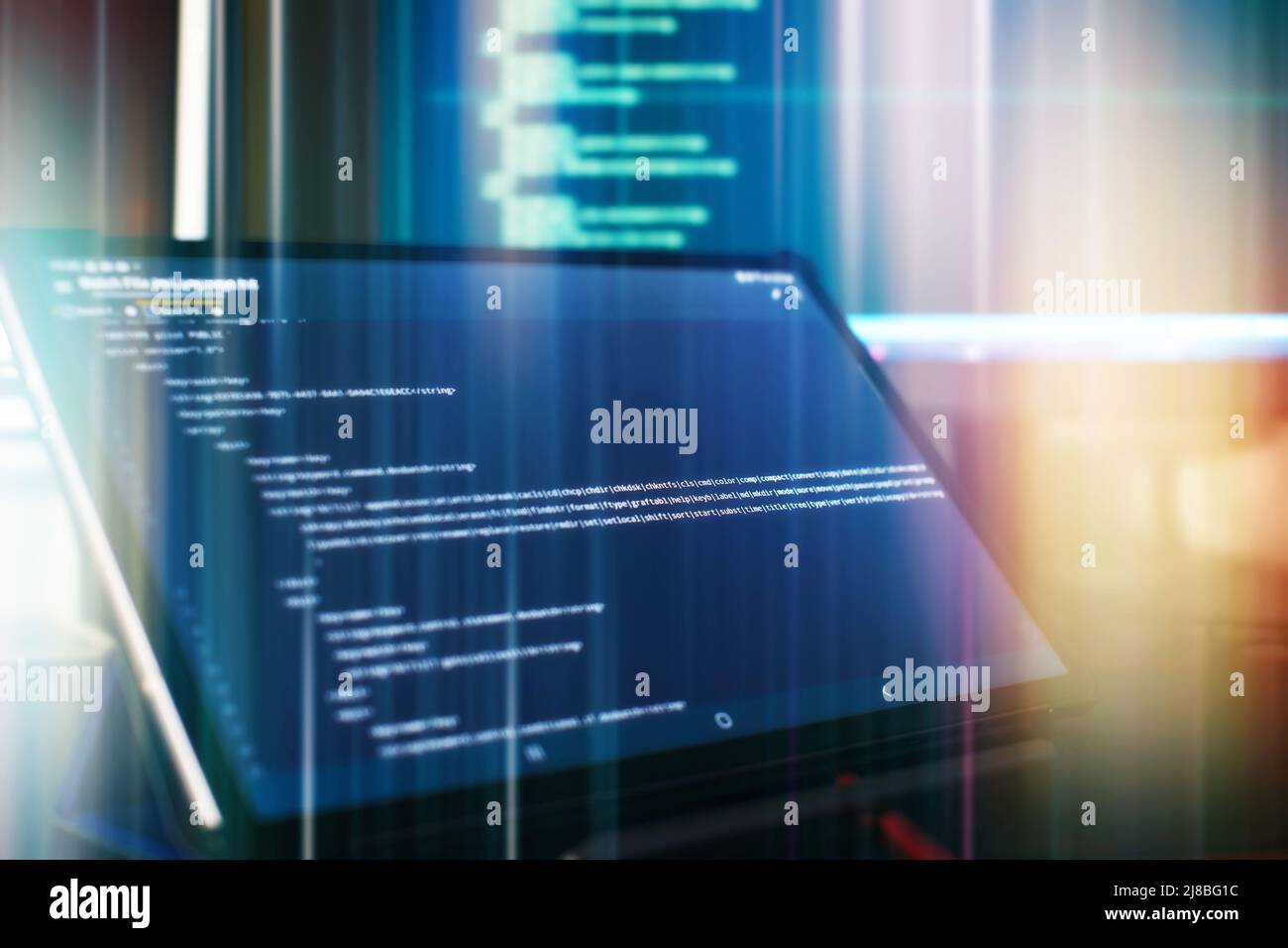 Nahaufnahme des Funktionsquellcodes überwachen. Abstrakter IT-Technologiehintergrund. Softwarequellcode. Stockfoto