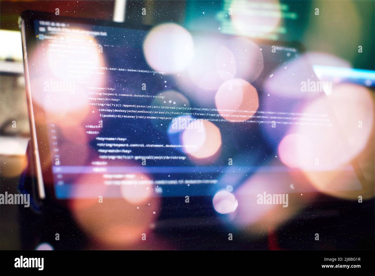 Nahaufnahme des Funktionsquellcodes überwachen. Abstrakter IT-Technologiehintergrund. Softwarequellcode. Stockfoto
