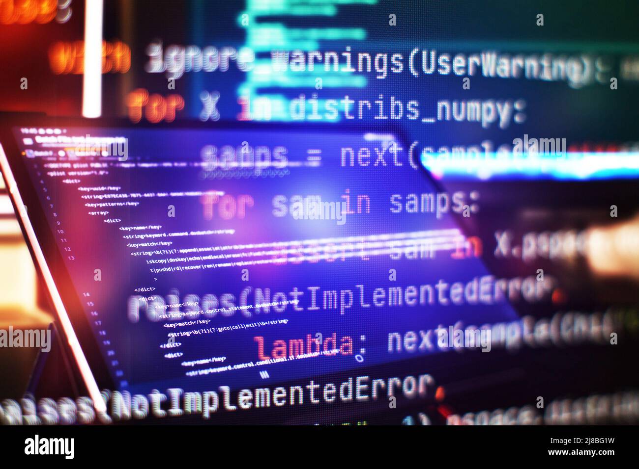 Nahaufnahme des Funktionsquellcodes überwachen. Abstrakter IT-Technologiehintergrund. Softwarequellcode. Stockfoto