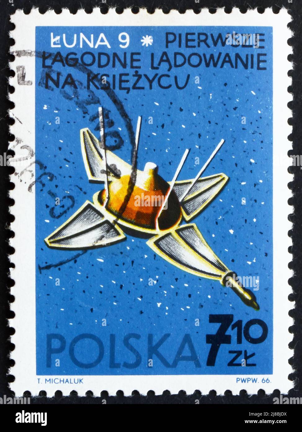POLEN - UM 1966: Eine in Polen gedruckte Marke zeigt Luna 9, ein Raumschiff der UdSSR, die erste überlebensfähige Landung eines vom Menschen hergestellten Objekts auf einem anderen Kelten Stockfoto