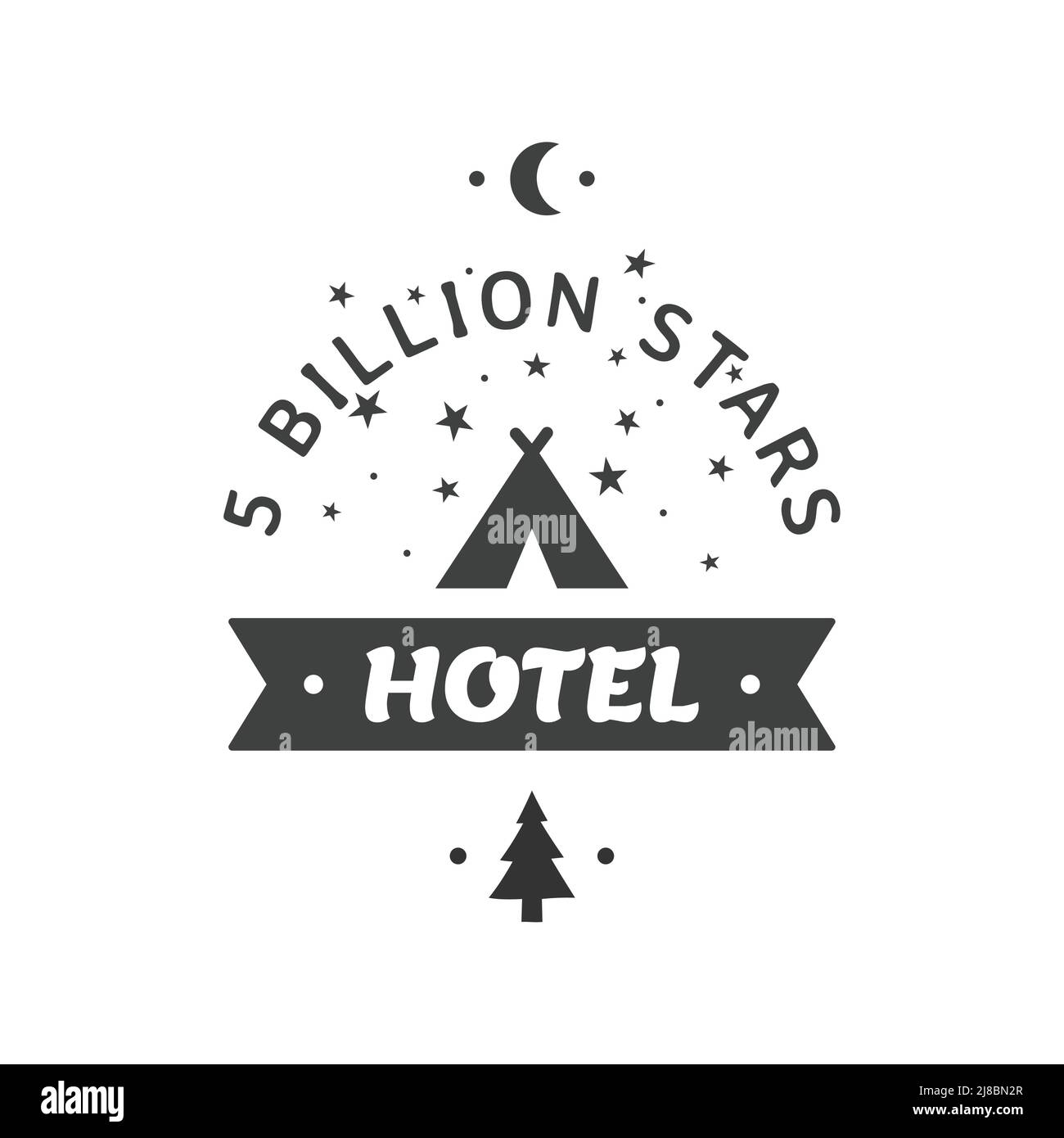 Fünf Milliarden Sterne Hotel Camping Illustration. Schriftzug im Freien mit Schriftzug und Zeltzelt. Stock Vektor
