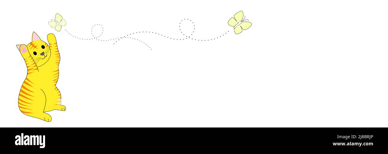Eine spielende tabby Katze und fliegender gelber Schmetterling mit weißem Hintergrund Stockfoto