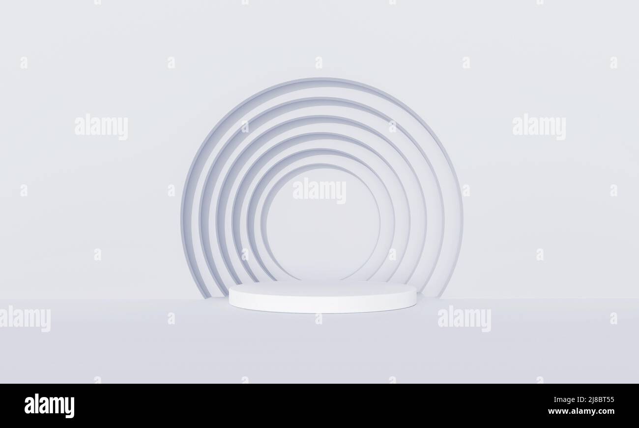 Minimalist Cylinder Podium mit geklonten Kreisen Hintergrund für Ausstellung Display Produkt. Leere Podestplattform. 3D Rendering. Stockfoto