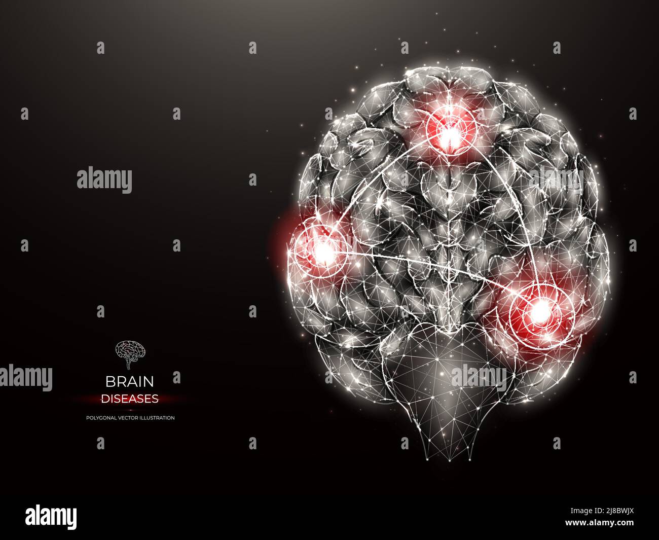 Polygonale Darstellung von entzündlichen Erkrankungen des menschlichen Gehirns auf dunklem Hintergrund. Kleinhirn low poly Art. Erkrankungen des Nervensystems medizinisches Banner, Stock Vektor