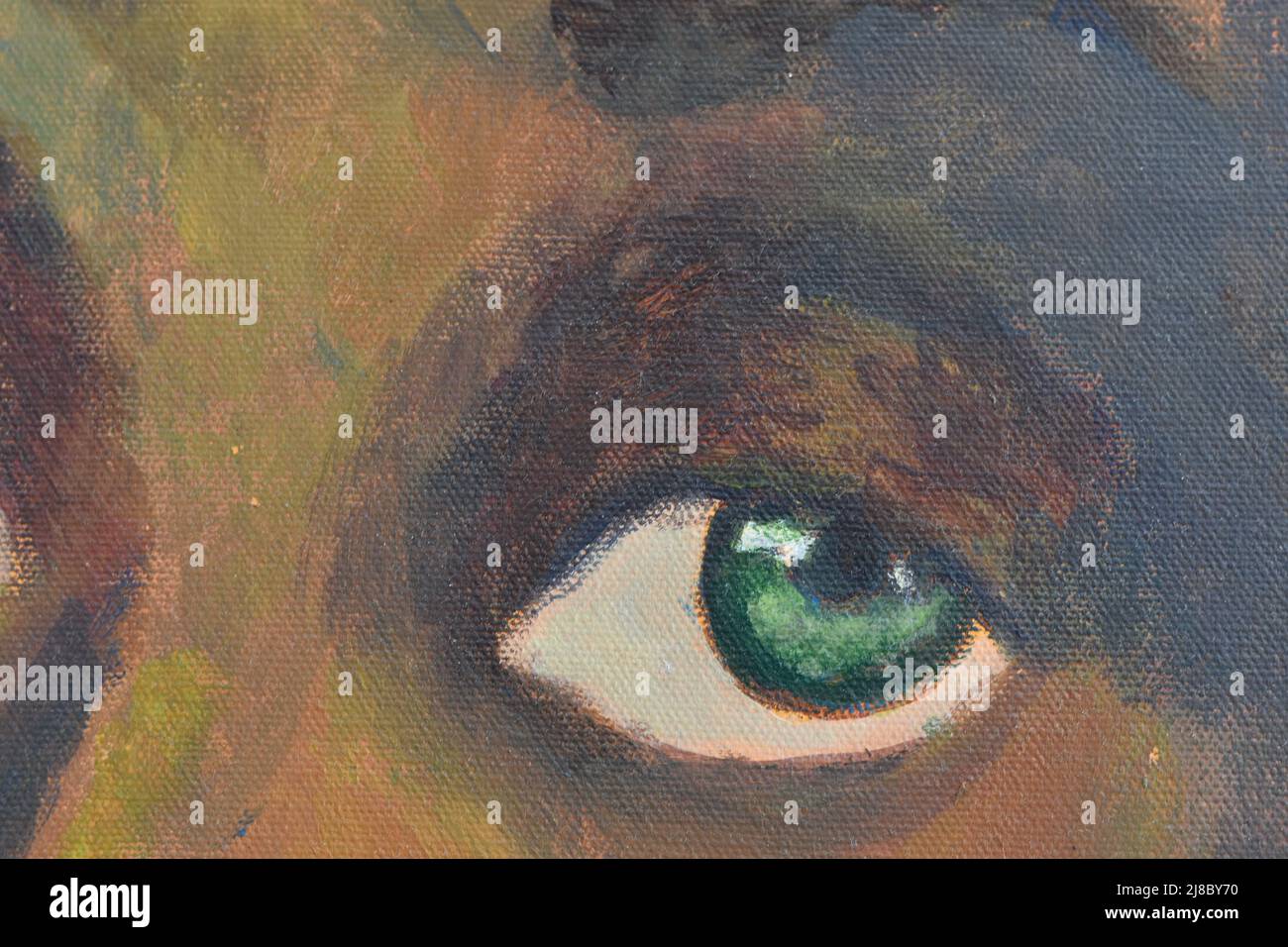 Detail eines Ölgemäldes auf Leinwand - Auge in Nahaufnahme Stockfoto