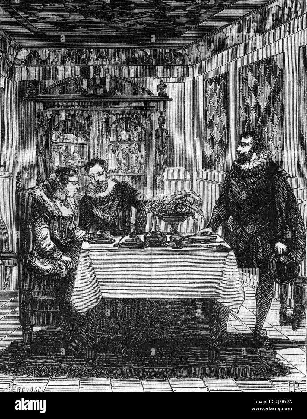 Le roi Henri IV (1553-1610) et Gabrielle d'Estrees (1573-1599) chez Sebastien Zamet (Sebastiano Zametti) (1549-1614) dans son Hotel particulier de la rue de la cerisaie a Paris' (König Henri IV. Und Gabrielle d'estrees in Zamets Haus in Paris) Gravure tiree de 'Les Mysteres du Grand monde' de Fulgence Girard Collection privee Stockfoto