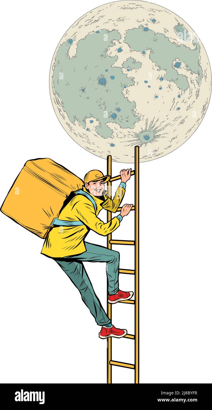Food Delivery Kurier, Arbeiter steigt Treppen zum Mond. City Service. Pop Art retro Vektor Illustration Comic Karikatur 50s 60s Stil vintage Kitsch Stock Vektor