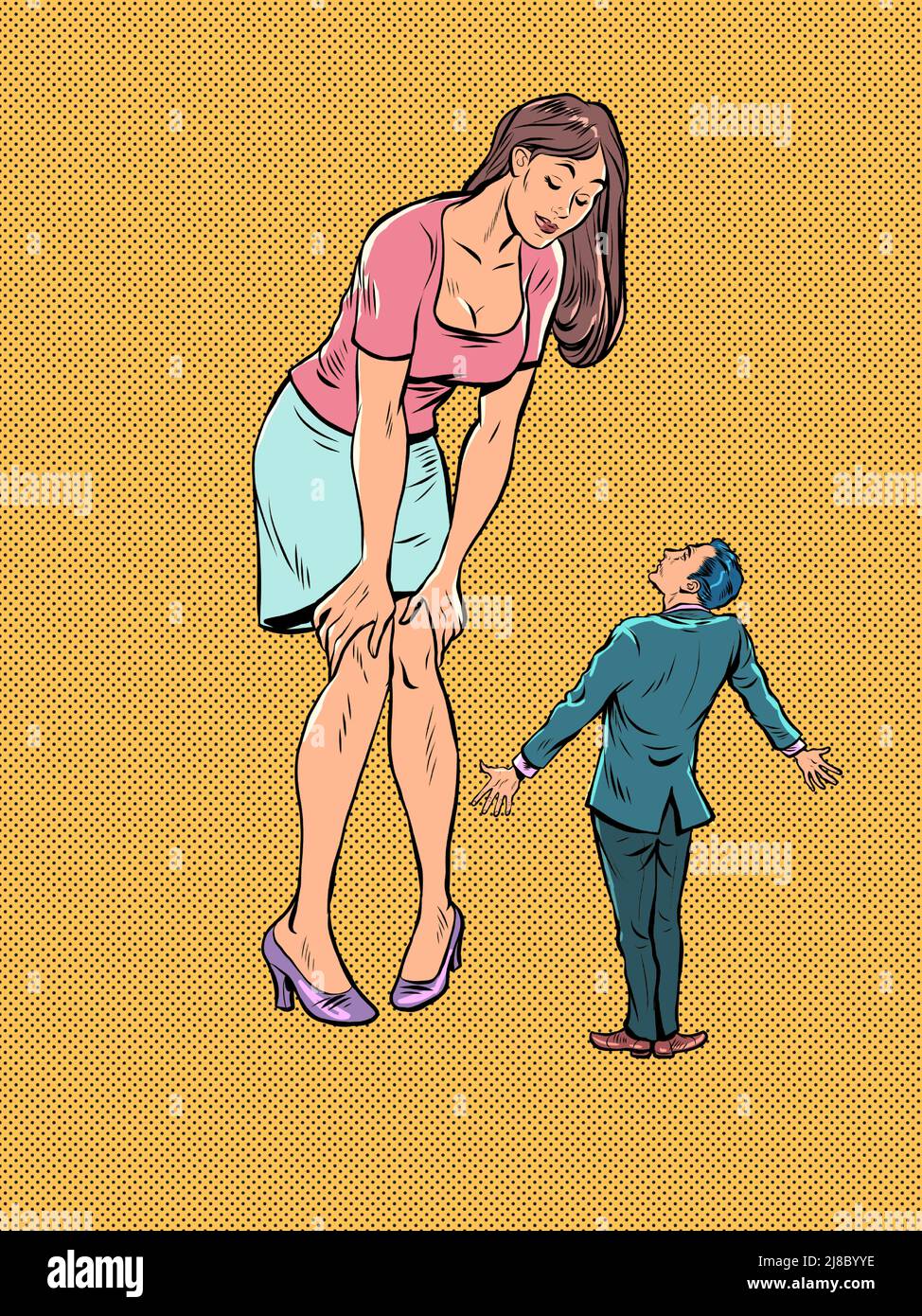 Große Frau und kleiner Mann, Feminismus. Unterordnung in Familienbeziehungen. Pop Art retro