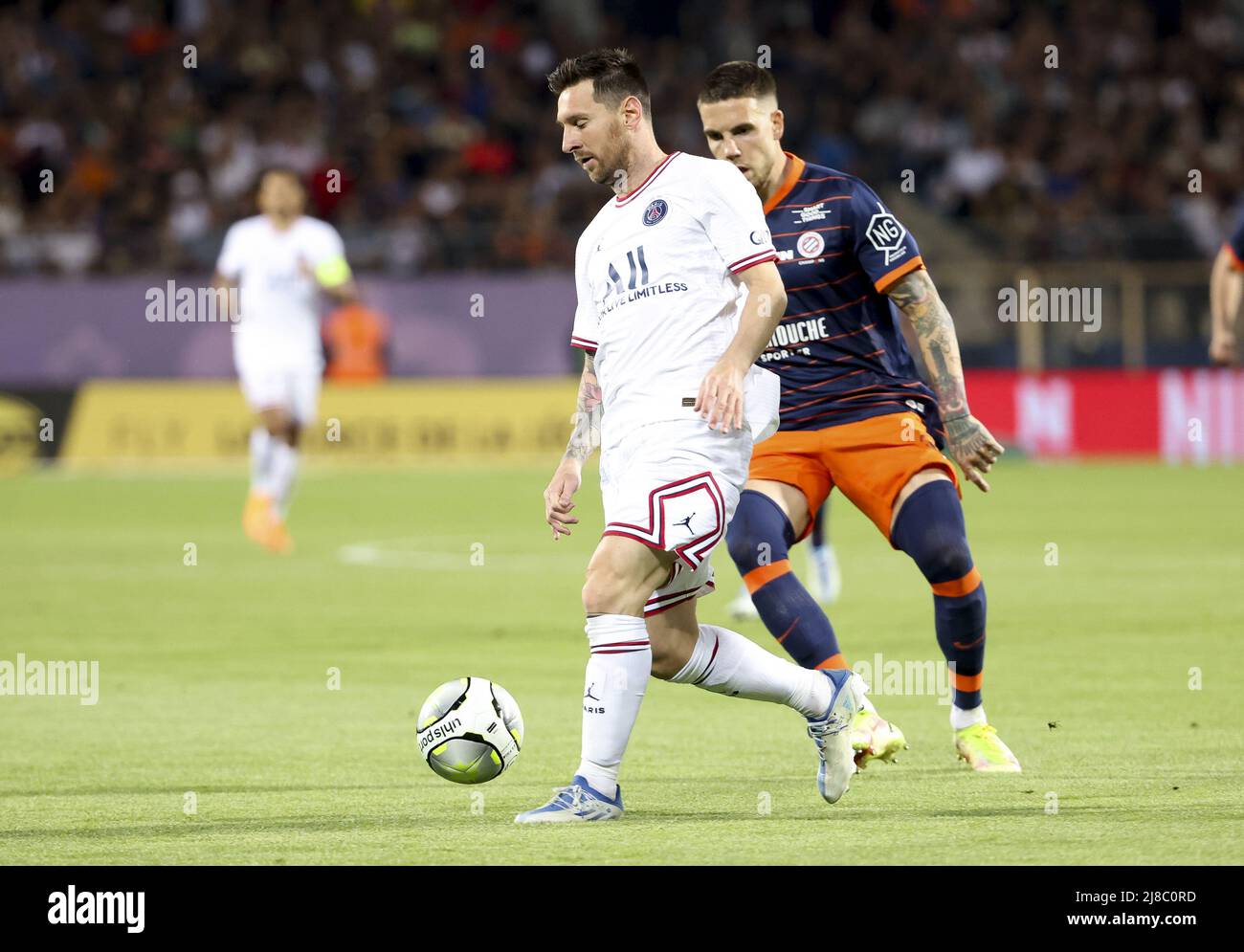 Lionel Messi vom PSG beim Fußballspiel der französischen Ligue 1 zwischen dem HSC Montpellier und Paris Saint-Germain am 14. Mai 2022 im La Mosson-Stadion in Montpellier, Frankreich - Foto: Jean Catuffe/DPPI/LiveMedia Stockfoto