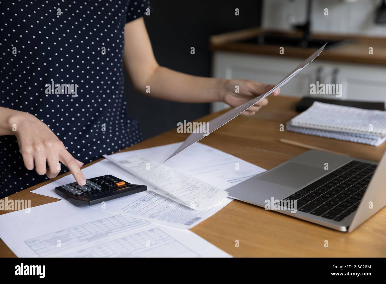 Hausbesitzer, Mieter Frau Berechnung der Gebühren, Analyse von Quittungen Stockfoto