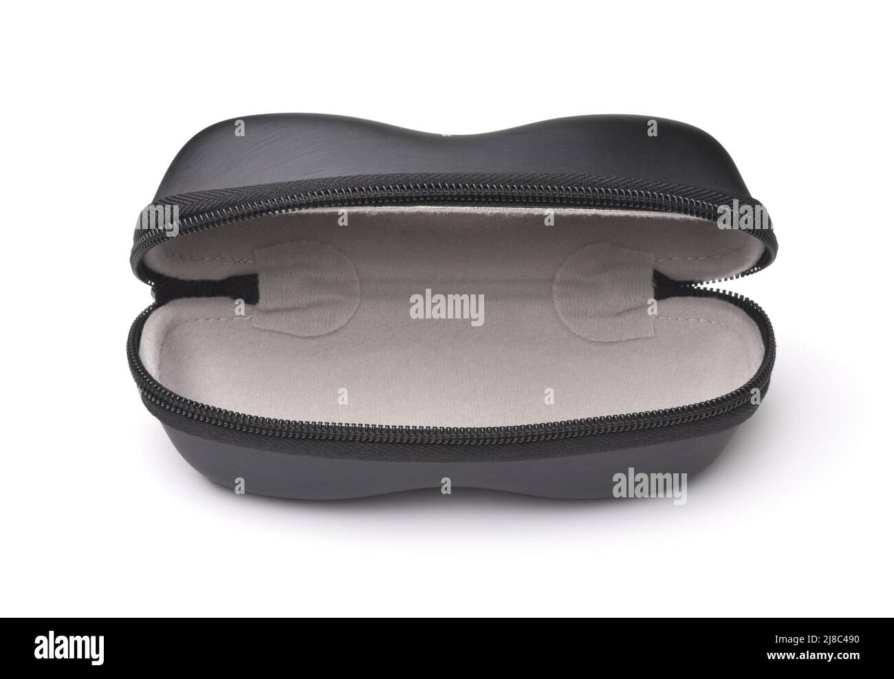 Frontansicht der offenen leeren schwarzen Brillen Reißverschluss Hartschalenkoffer auf weiß isoliert Stockfoto