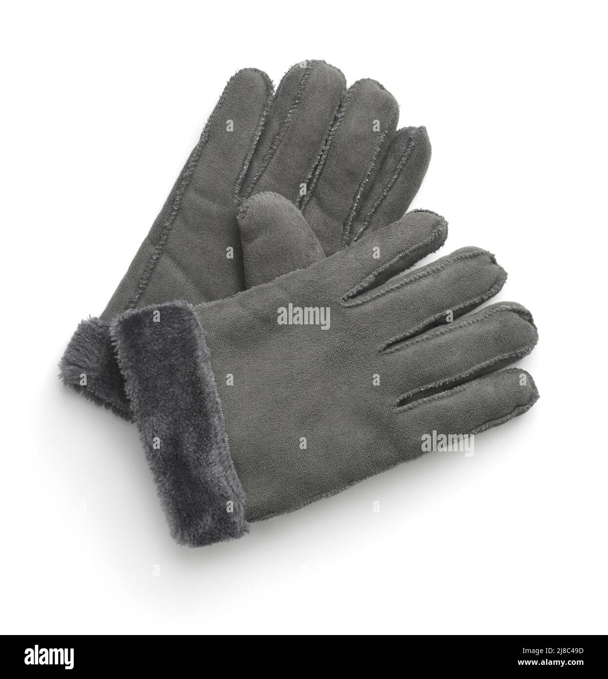 Draufsicht auf graue Winterhandschuhe aus Wildlederimitat, isoliert auf Weiß Stockfoto