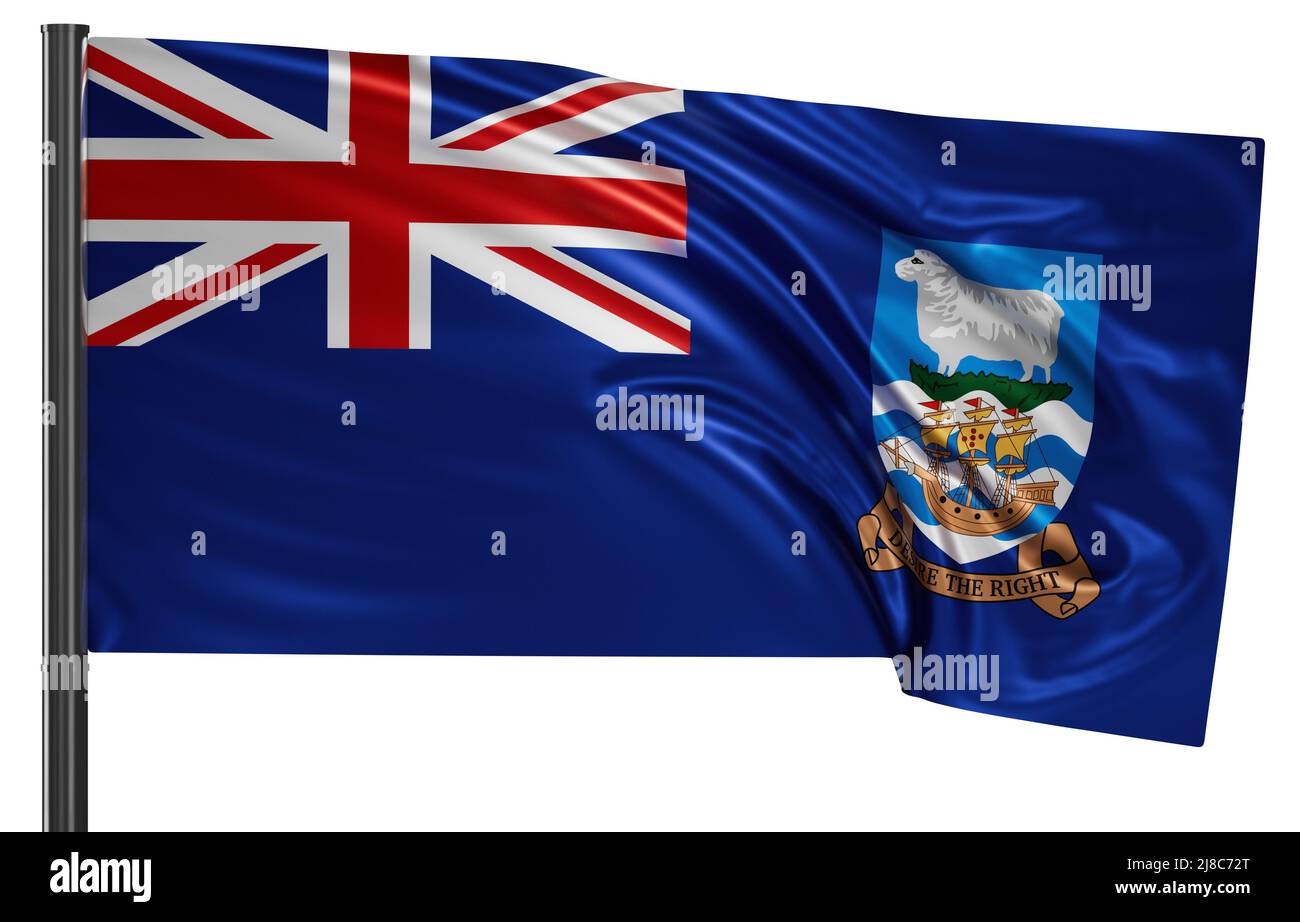 Die Nationalflagge der Falklandinseln winkt im Wind. Isoliert auf weißem Hintergrund 3D Abbildung Stockfoto