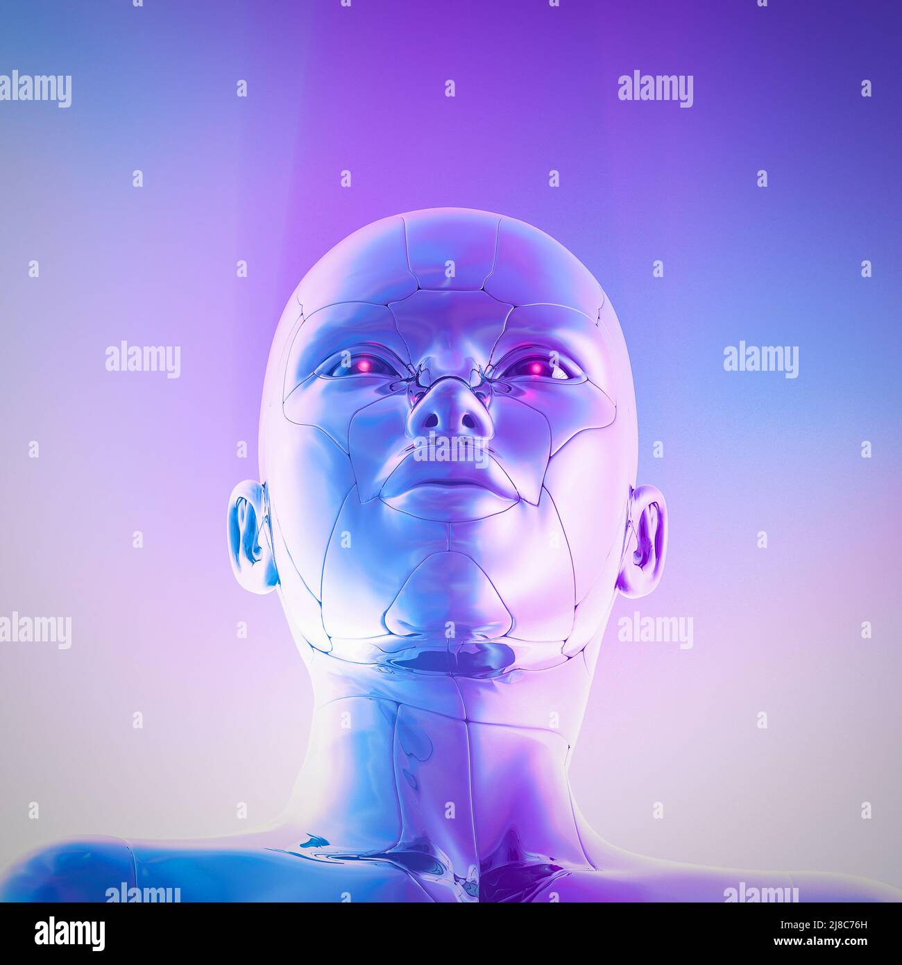 Weibliche künstliche Intelligenz Morgendämmerung - 3D Illustration von schönen Science Fiction Chrom Roboter Mädchen in weichem Pastelllicht Stockfoto