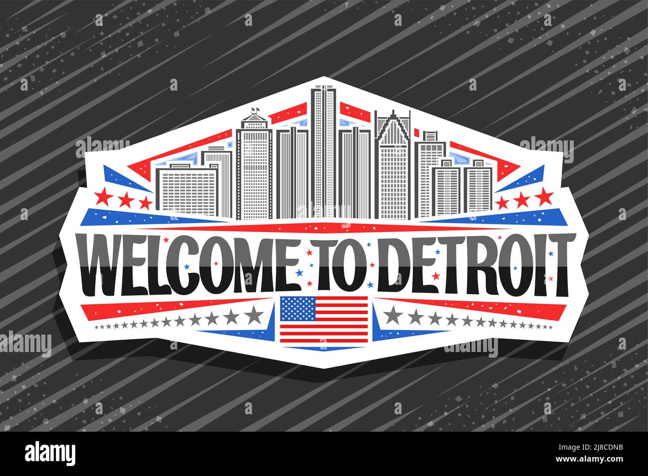 Vektor-Logo für Detroit, weißes Dekorationsschild mit Illustration der detroit-Stadtlandschaft auf Tageshimmel-Hintergrund, Kunstdesign Kühlschrankmagnet mit uniq Stock Vektor