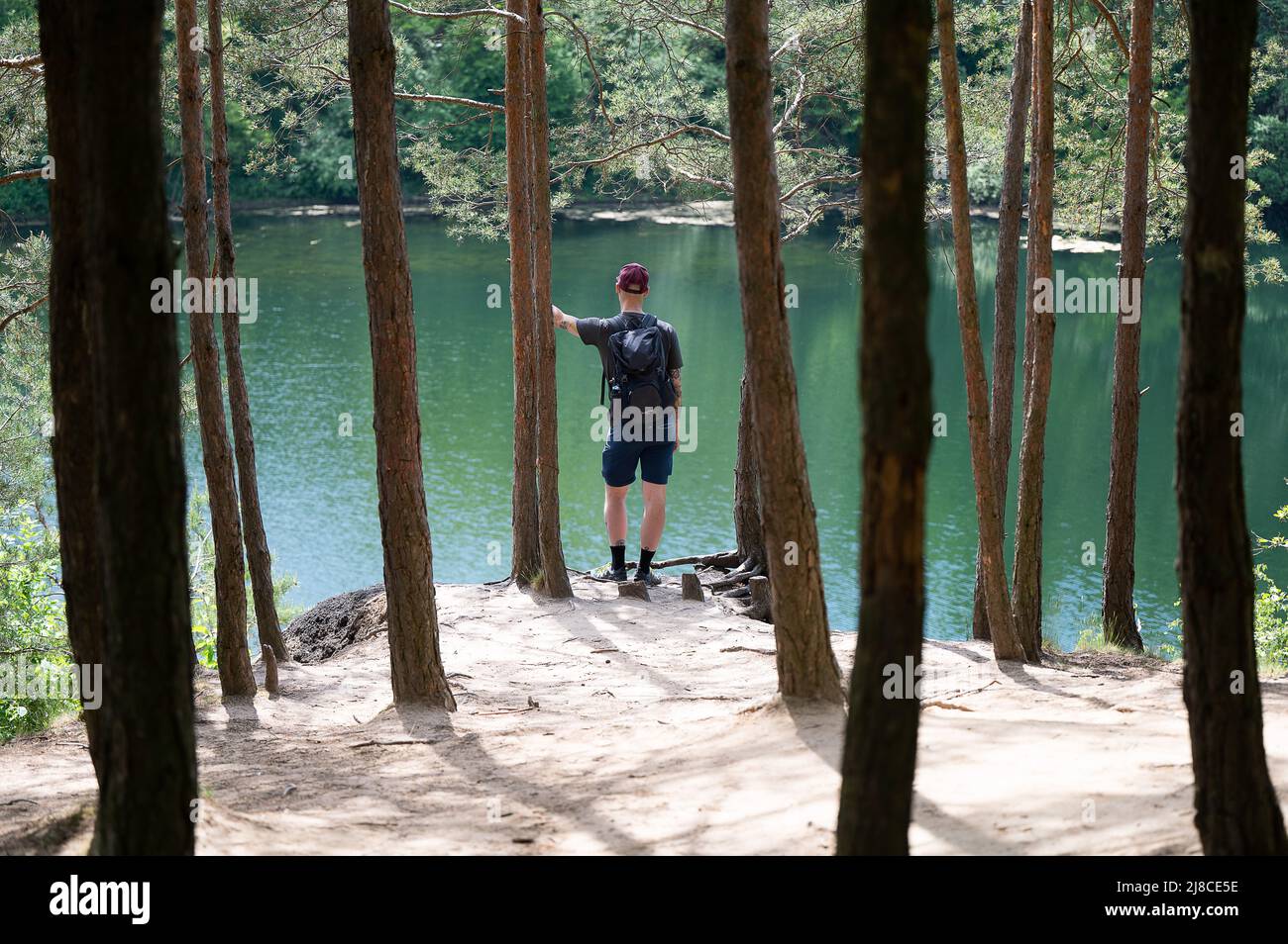 15. Mai 2022, Hessen, Mühlheim am Main: Alex steht am Oberwaldsee zwischen Nadelbäumen und blickt über das grüne Wasser. 1982 entstand in den ehemaligen Basaltsteinbrüchen eine Seenlandschaft mit einer Gesamtfläche von mehr als 61 Hektar. Foto: Sebastian Gollnow/dpa Stockfoto