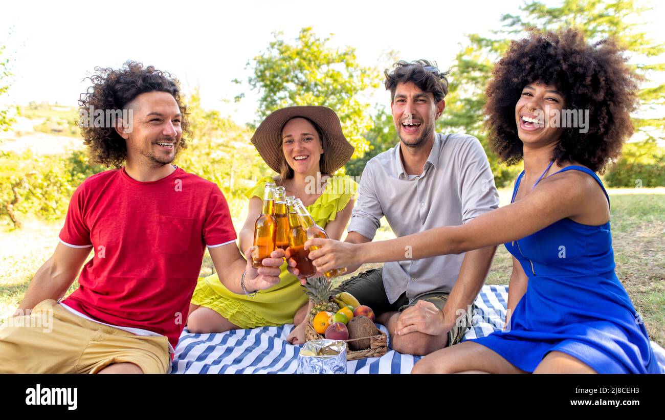 Sommerferien Picknick im Freien. Multirassische Gruppe von Freunden, die Essen und Bier trinken, die auf einer Decke in einem Parkgarten liegen. Menschen Happy Hour en Stockfoto