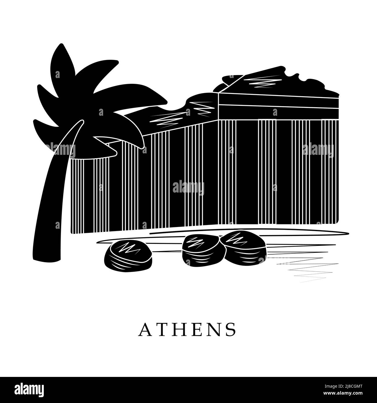 Europäische Hauptstädte, Athen. Schwarz-Weiß-Abbildung Stock Vektor